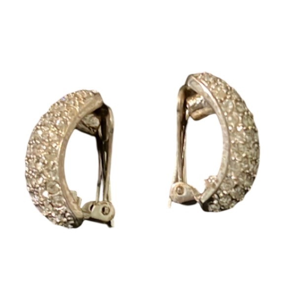 Christian DIOR Silver Plated Paved Swarovski Crystal Demi Hoops Clip Ons - Picture 4 of 8